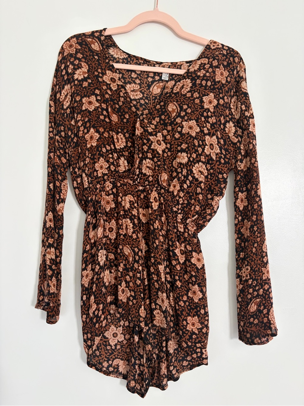Amuse Society Black and Tan Floral Long-Sleeve Tunic Romper